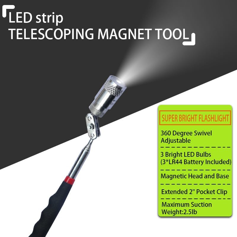 VortecSys Telescoping Magnetic Pickup Tool Set, 3Pcs Round and Square Inspection Mirror Telescoping with LED Lights, 4Pcs Magnet Stick Best Gadgets Gifts for Men - Image 2